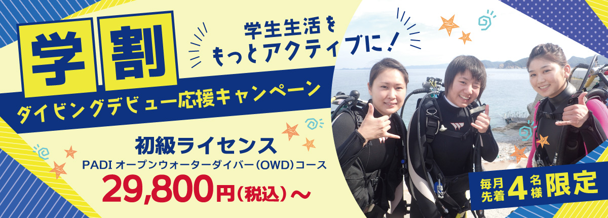 期間限定・学生さん向けお得なキャンペーン実施中 初級ライセンス PADIオープンウォーターダイバー(OWD)コース